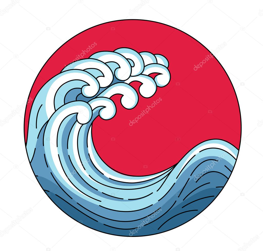 Japanese wave in red sun logo. Vector Japan wave in red circle of the sun. Japane oriental style vector art illustration. Linear style outline logo. Asian, chinese ocean blue wave logo.
