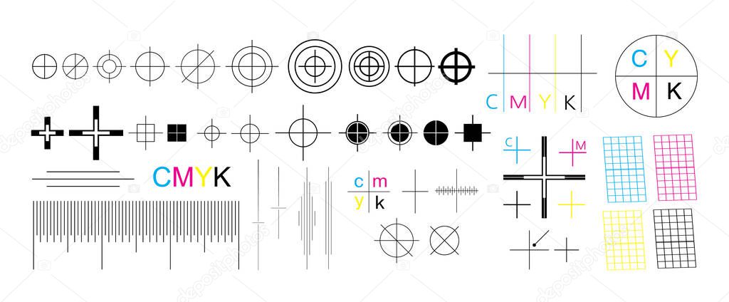 Set of CMYK offset vector registration marks cross polygraphy for print and prepress.