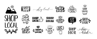 Shop LOCAL el çizimi metin ve karalama rozetleri, logo, simgeler seti.