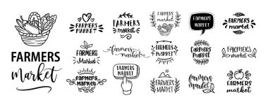 FARMERS MARKET el çizimi karalamalar rozetler, logo, simge, etiket.