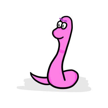 Funny pink earthworm character isolated on white background. Comic cartoon doodle drawing illustration.