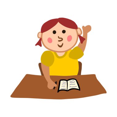 Grind. Clever girl at school with hand up waving. Cartoon freehand drawing isolated on white.