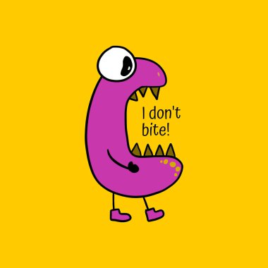Funny hungry monster game creature character. With text I am hungry! in his big open mouth. Yellow color, isolated on orange background. Cartoon style.