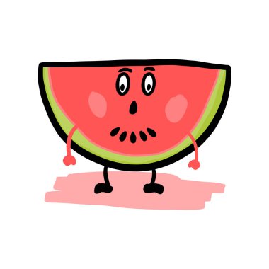 Watermelon character with frightened expression in his face. Isolated hand drawn cartoon illustration on white background.