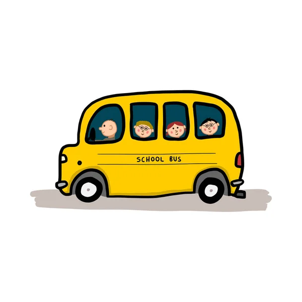 Yellow school bus with children. Cartoon doodle drawing. — ストックベクタ