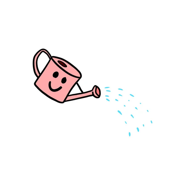 Red garden water can spraying water with smile. Happy irrigation character clipart. Isolated vector drawing. Simple gardening design element. — 스톡 벡터