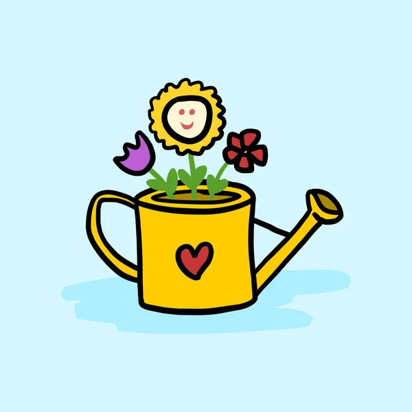 Lindo regador com coração de Valentim e flores no interior. Desenho de desenho animado desenhado à mão isolado. Clipart símbolo de amor . —  Vetores de Stock