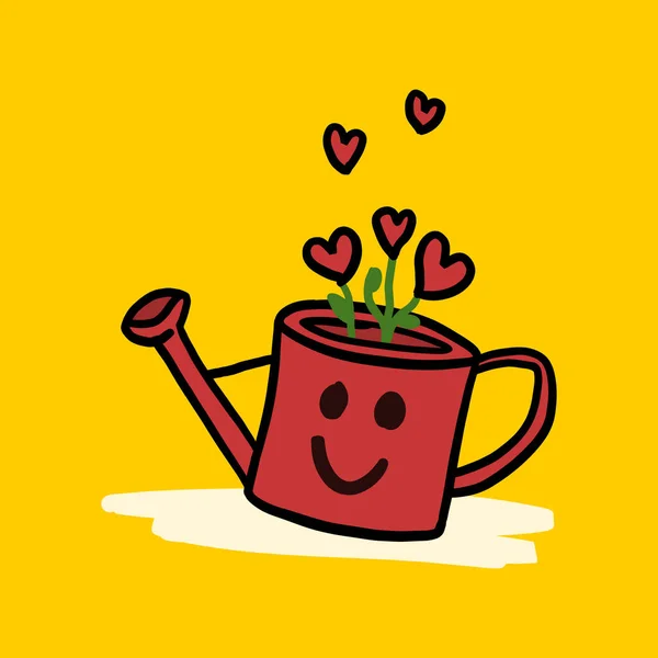 Beautiful watering can with red valentine heart flowers and smile. Isolated hand drawn cartoon drawing on yellow background. Clipart symbol of love. — Stock Vector
