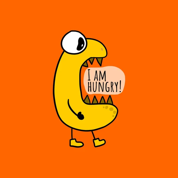 Funny hungry monster game creature character. With text I am hungry! in his big open mouth. Yellow color, isolated on orange background. Cartoon style. — Stock Vector