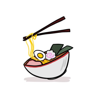 Ramen çorbası ve yemek çubukları. Geleneksel bir kasede servis edildi. Japon yemekleri, el çizimi karikatür çizimleri..