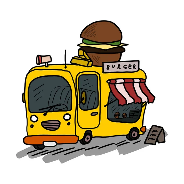 Cartoon Burger Food Truck Franchise Comic Doodle Illustration Isolated White — Stock Vector