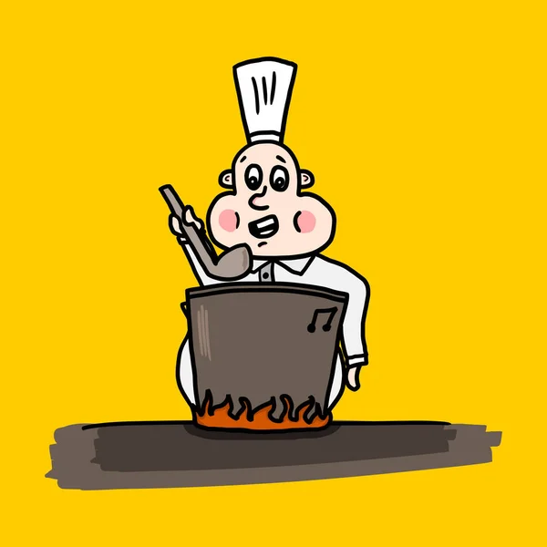 Vtipný Kuchař Kuchař Charakter Ochutnávání Jídla Polévka Hrnce Ručně Kreslený — Stockový vektor