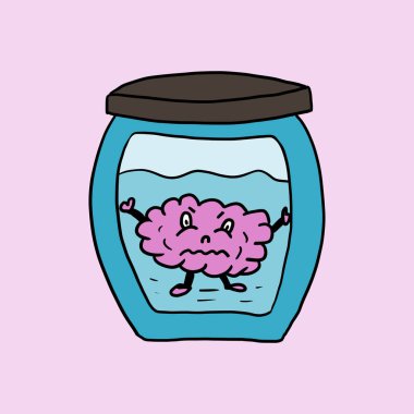 Cam kavanozun içindeki beyin. Beyin maskotu olan çılgın bir çizim. Beyni olan harika bir tişört izi tasarımı. İzole edilmiş el çizimi karalama vektörü çizimi.