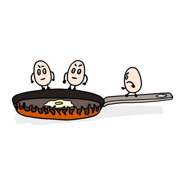 Kızartma tavasına zıplayan üç komik arkadaş. Paskalya yumurtaları maskotuyla çizilmiş çılgın el çizimi. Tee baskısı için tasarım.
