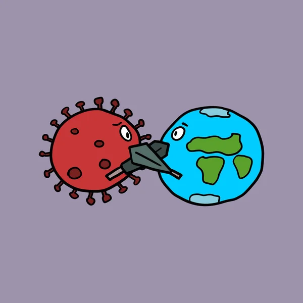 Coronavirus savaşı. Dünya gezegeni bir koronavirüs hücresine karşı savaşıyor. Çizgi film karalama çizimi.