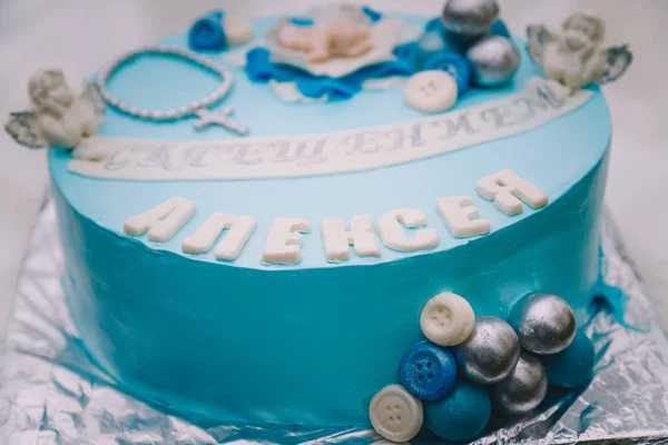 Torta Blu Con Croce Mastice Angeli Festa Battesimo Del Ragazzo — Foto Stock