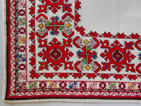 Bomullstyg Grovt Textilmaterial Med Handbroderier Bulgariska Broderier Kors — Stockfoto