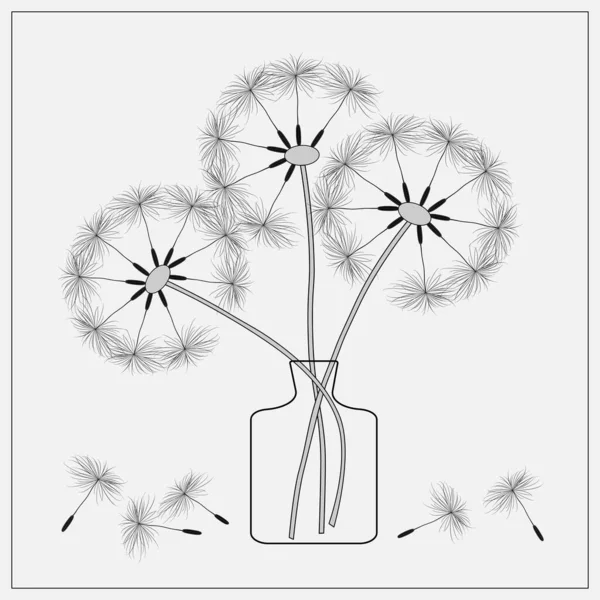 dandelions in a vase, vector image black and white