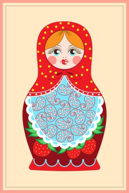 Açık arkaplanda matryoshka figürü resmi olan bir kartpostal.