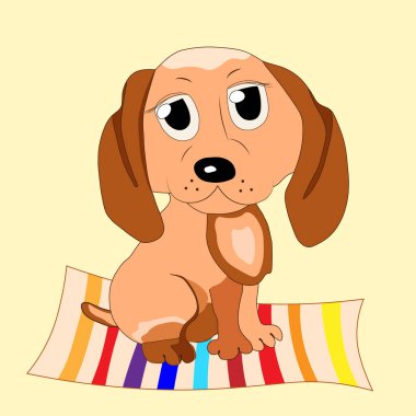 Büyük gözlü üzgün köpek, çizgili renkli bir halıda oturuyor.