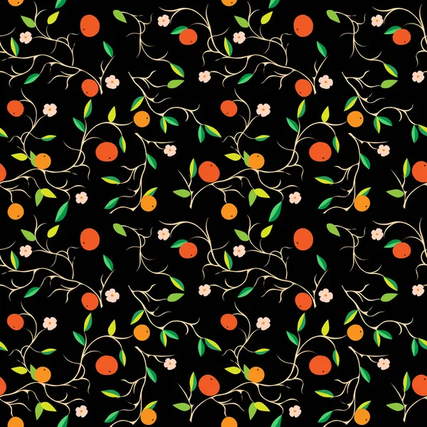 Wzór Pomarańcze Gałęziach Zielonymi Liśćmi Czarnym Tle — Wektor stockowy
