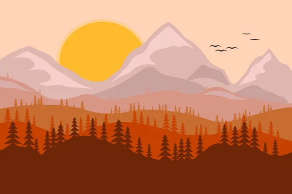 Landschaft Berge Mit Nadelbäumen Sonne Und Vögel Himmel — Stockvektor