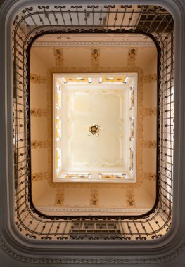 MENDOZA, ARGENTINA - NOVEMBER 16, 2019: Low angle shot of the ceiling inside Stoppel mansion in Mendoza city, Argentina. 