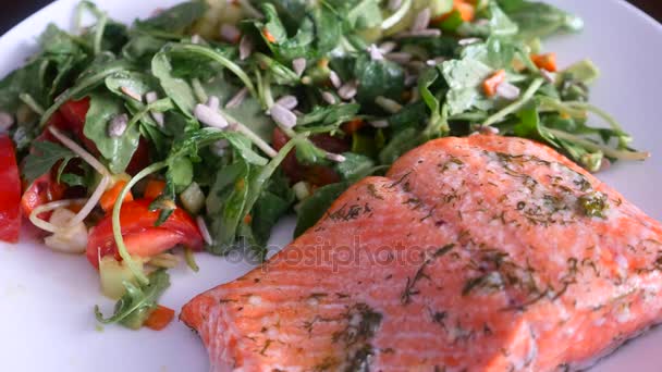 Grilled wild alaskan salmon and vegetables — Stock Video