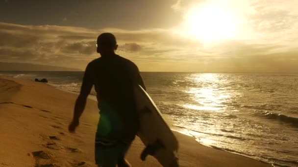 Молодий серфер на пляжі чекає ідеальних хвиль на заході сонця — стокове відео