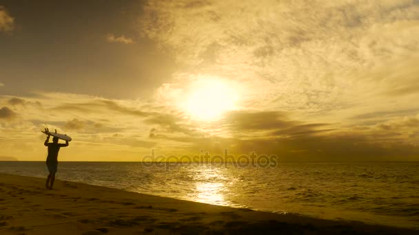 Surfista che tiene la tavola da surf e cammina sulla spiaggia durante il tramonto — Video Stock