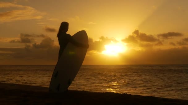 Joven surfista femenina en la playa esperando olas perfectas al atardecer — Vídeos de Stock