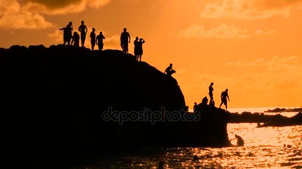Παιδιά πηδούν στο νερό κατά τη διάρκεια του ηλιοβασιλέματος Παραλία Waimea Χαβάη — Αρχείο Βίντεο