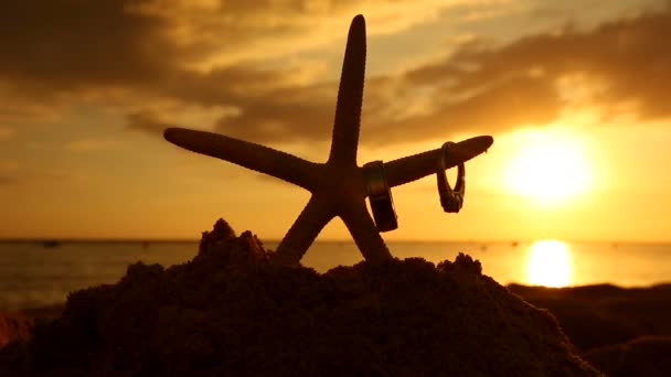 Свадебные кольца и морская звезда на пляже на закате концепции любви — стоковое видео
