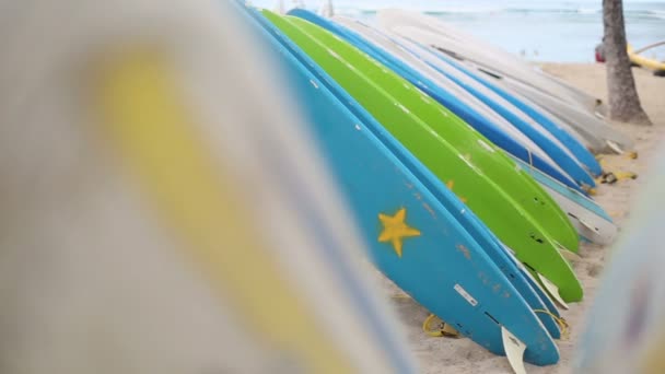 Verhuur surfplanken op Waikiki Beach-Hawaii. — Stockvideo