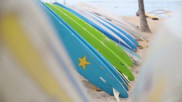 Surfbretter mieten am waikiki beach hawaii. — Stockvideo