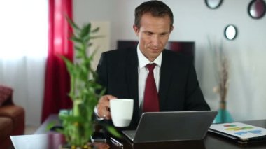 Beyaz işadamı çalışma dizüstü bilgisayar evde hakkında