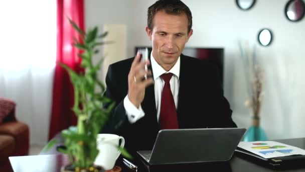 Homem de negócios caucasiano trabalhando no laptop e falando no telefone em casa — Vídeo de Stock