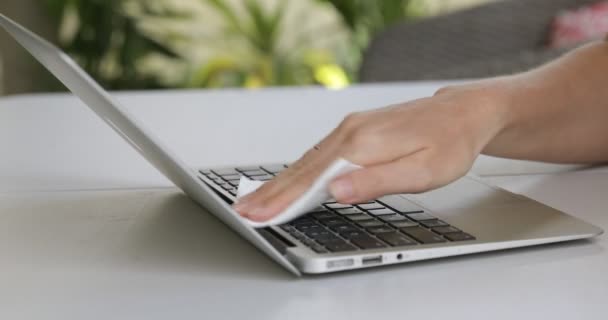 Close View Woman Hand Using Antibacterial Wet Wipe Disinfecting Laptop — Stock Video