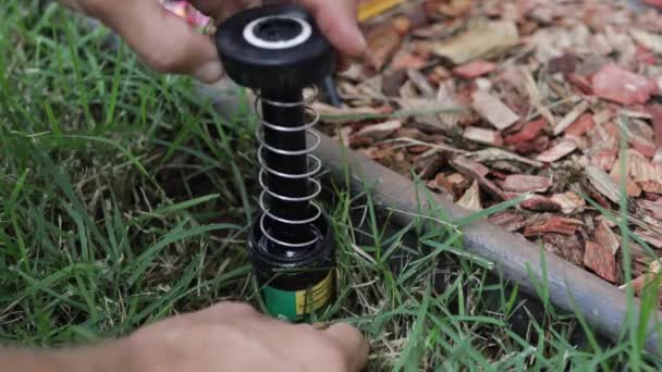 Fontanero Hombre Fijación Cabeza Rociador Patio Trasero Instalación Aspersores Campo — Vídeos de Stock