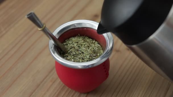 Man Making Yerba Mate Tea Close Pouring Hot Water Traditional — Stock Video