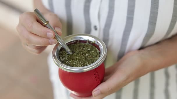 Girl Hands Holding Calabash Hot Yerba Mate Tea Mate Traditional — Stock Video
