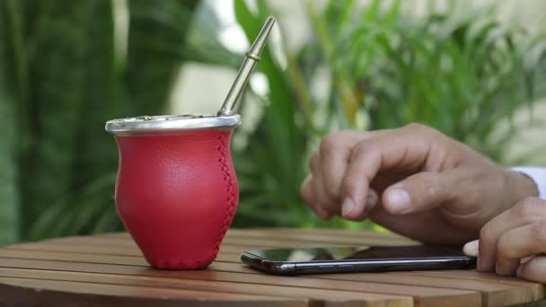 Man Using Smart Phone Drinking Yerba Mate Tea Close Man — Stock Video