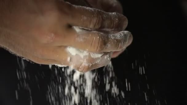 Flour Falling Hand Slow Motion Close Making Prepares Flour Homemade — Stock Video