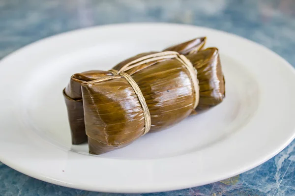 Кхао Мат Тайский Рис Бобы Приготовленные Пару Банановом Листе — стоковое фото