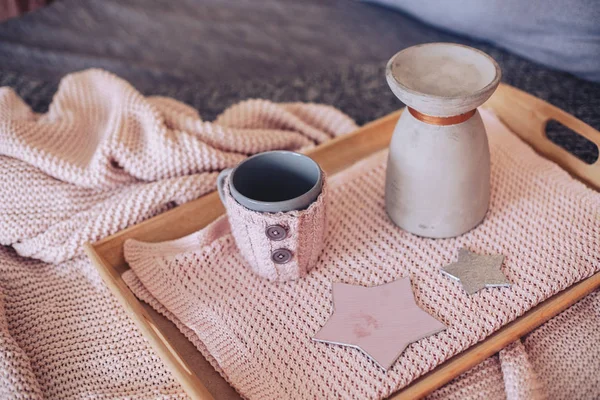 Tray with a jug and a mug on the cloth — Stock Photo, Image