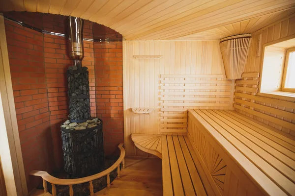 Sauna Amplia Luminosa Madera Natural Con Calentador Sauna — Foto de Stock