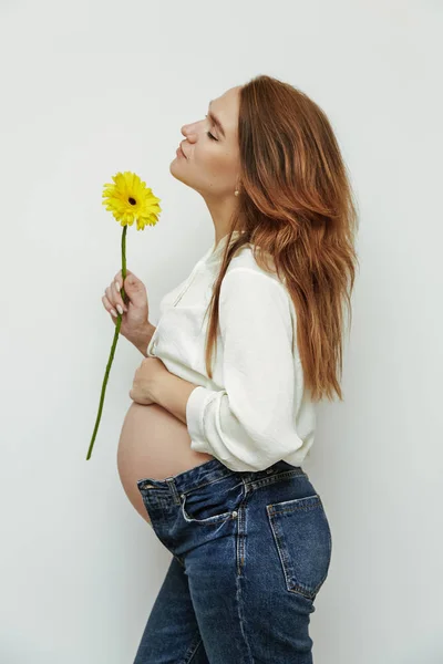 Hermosa joven durante el embarazo posando sobre un fondo gris con una flor en la mano . —  Fotos de Stock