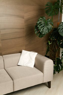 Lüks bir iç mekânda modern, şık bir deri kanepe. Canlı, güzel çiçeklerle süslenmiş. Bulanık arkaplan