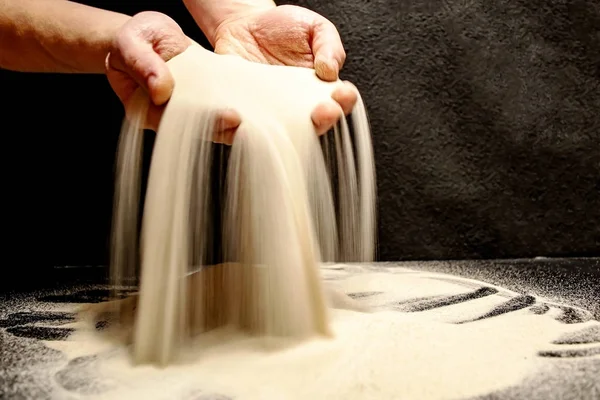 Sand Pours Two Hands Black Background — Stock Photo, Image