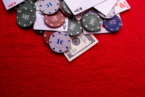 Poker Chips Dollars Cards Red Background — 스톡 사진